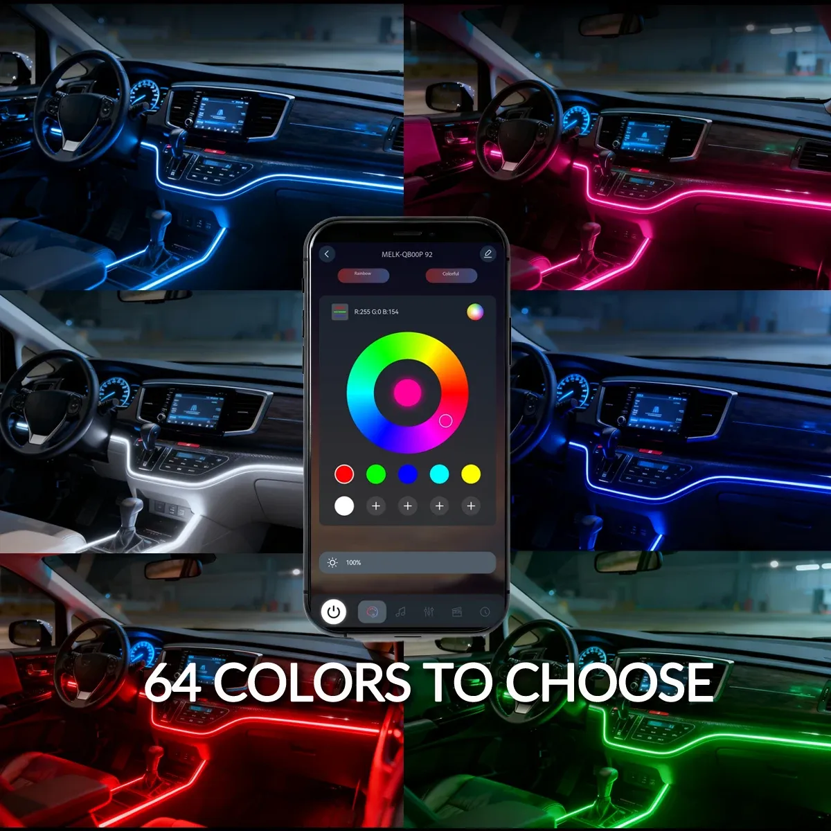 Éclairage d'ambiance RGB pour voiture, 64 couleurs, 18 en 1, bande LED universelle en acrylique dissimulée 6
