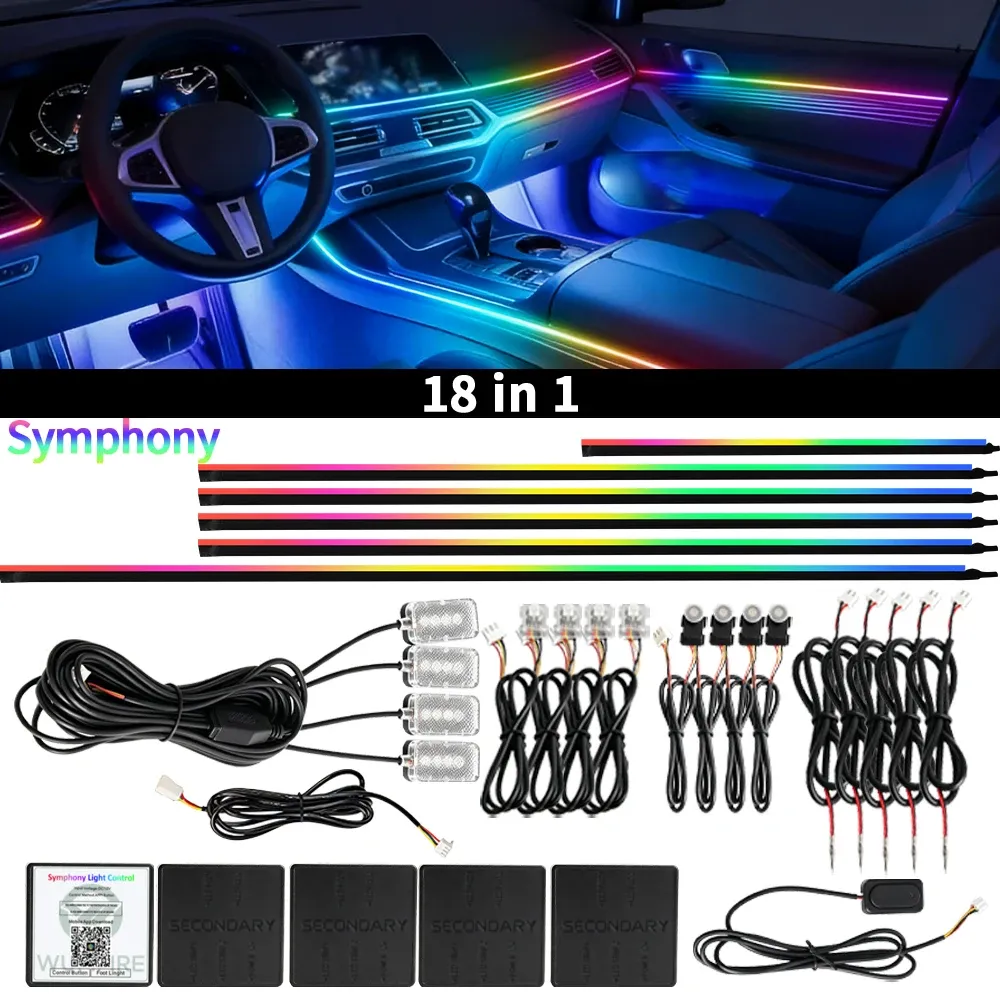 Éclairage d'ambiance RGB pour voiture, 64 couleurs, 18 en 1, bande LED universelle en acrylique dissimulée 8