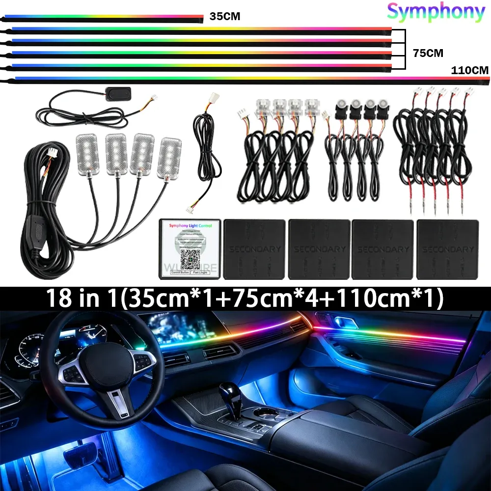 Éclairage d'ambiance RGB pour voiture, 64 couleurs, 18 en 1, bande LED universelle en acrylique dissimulée 9