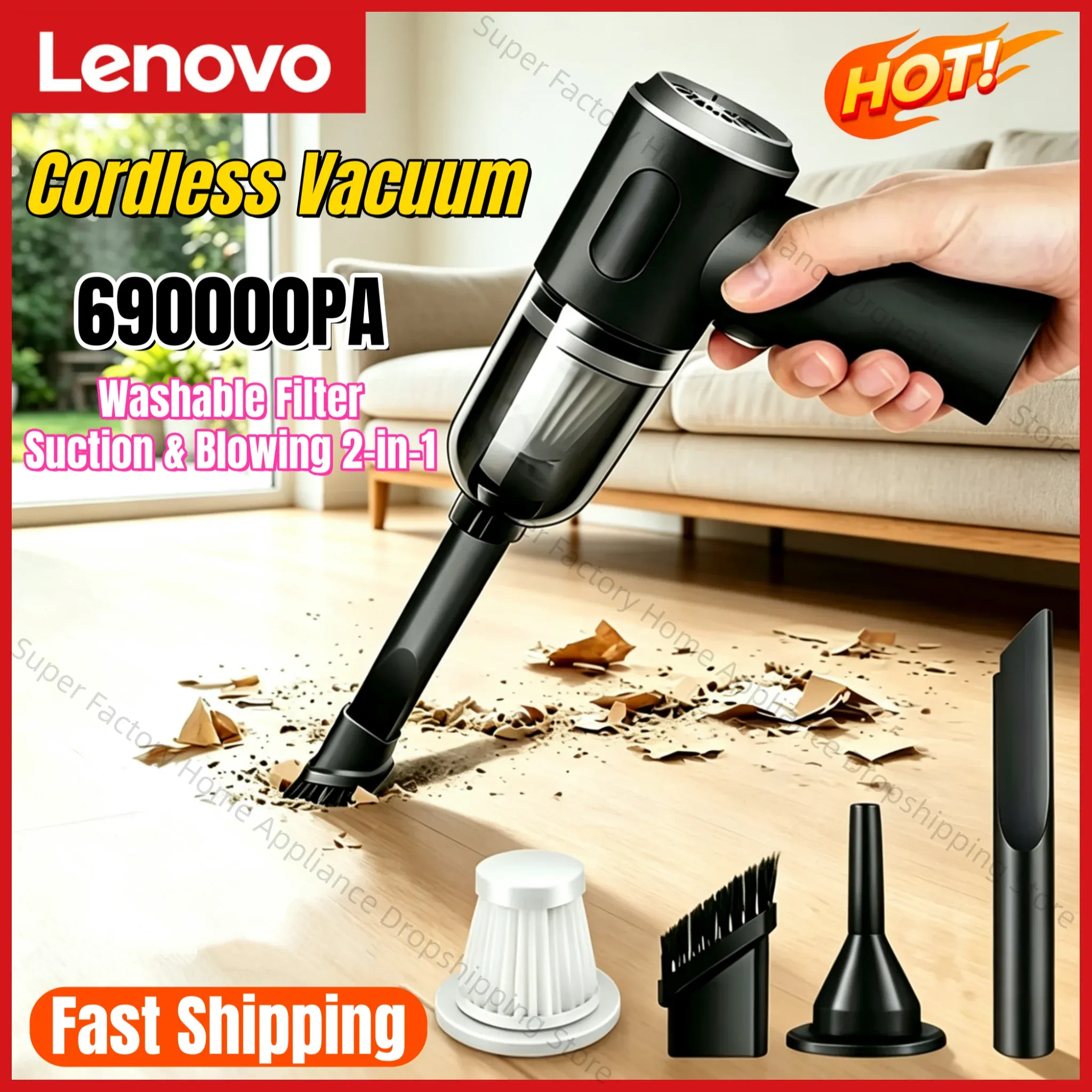 Lenovo Aspirateur de voiture sans fil portatif, usage double sec et humide, batterie haute puissance, charge rapide, modèle 2027 - Image 1
