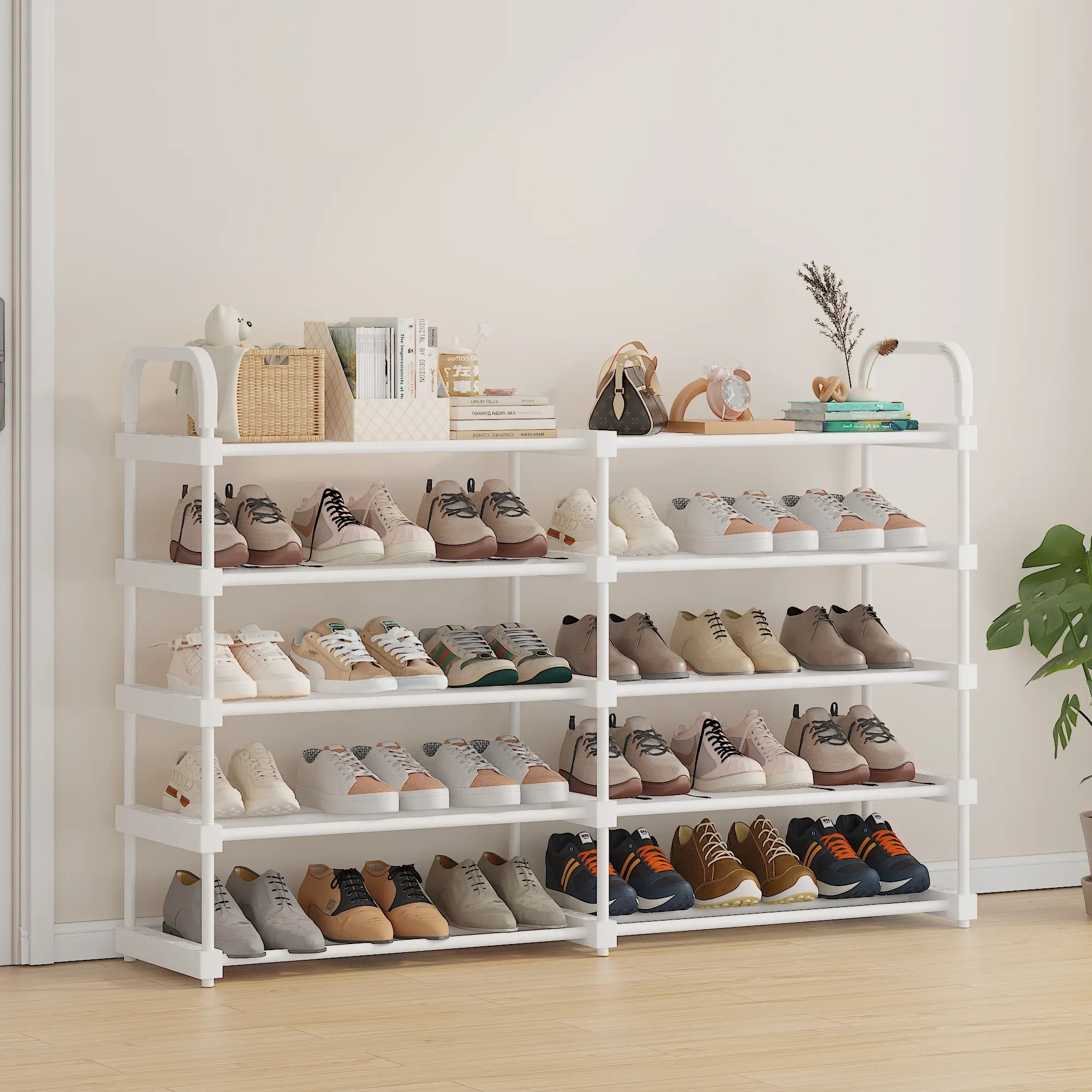 Meuble à chaussures 4 à 7 niveaux, simple ou double rangée, capacité de 12 à 42 paires, idéal pour garage, chambre, salon et dortoir, finition blanche 3