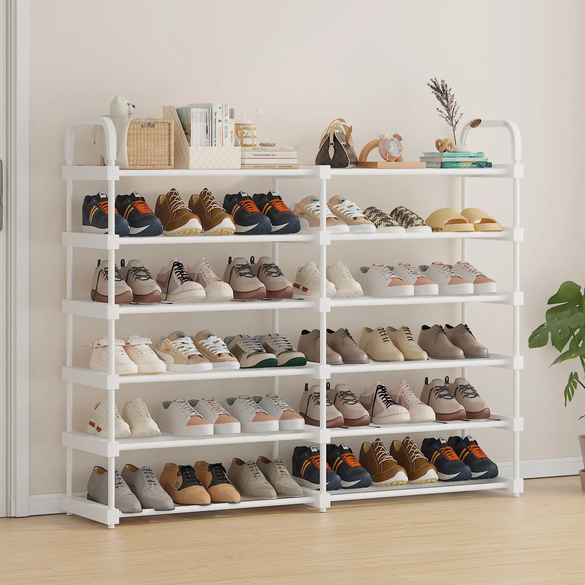 Meuble à chaussures 4 à 7 niveaux, simple ou double rangée, capacité de 12 à 42 paires, idéal pour garage, chambre, salon et dortoir, finition blanche 4