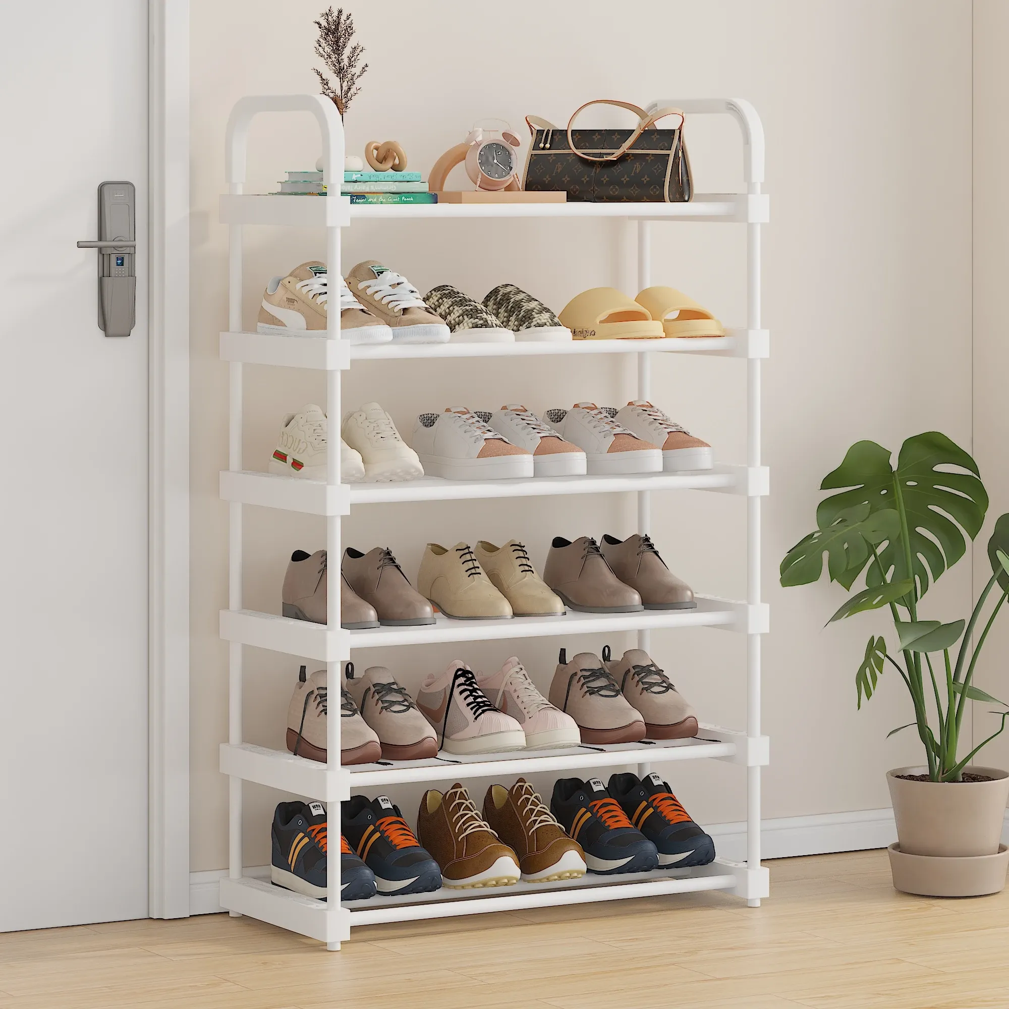 Meuble à chaussures 4 à 7 niveaux, simple ou double rangée, capacité de 12 à 42 paires, idéal pour garage, chambre, salon et dortoir, finition blanche 5