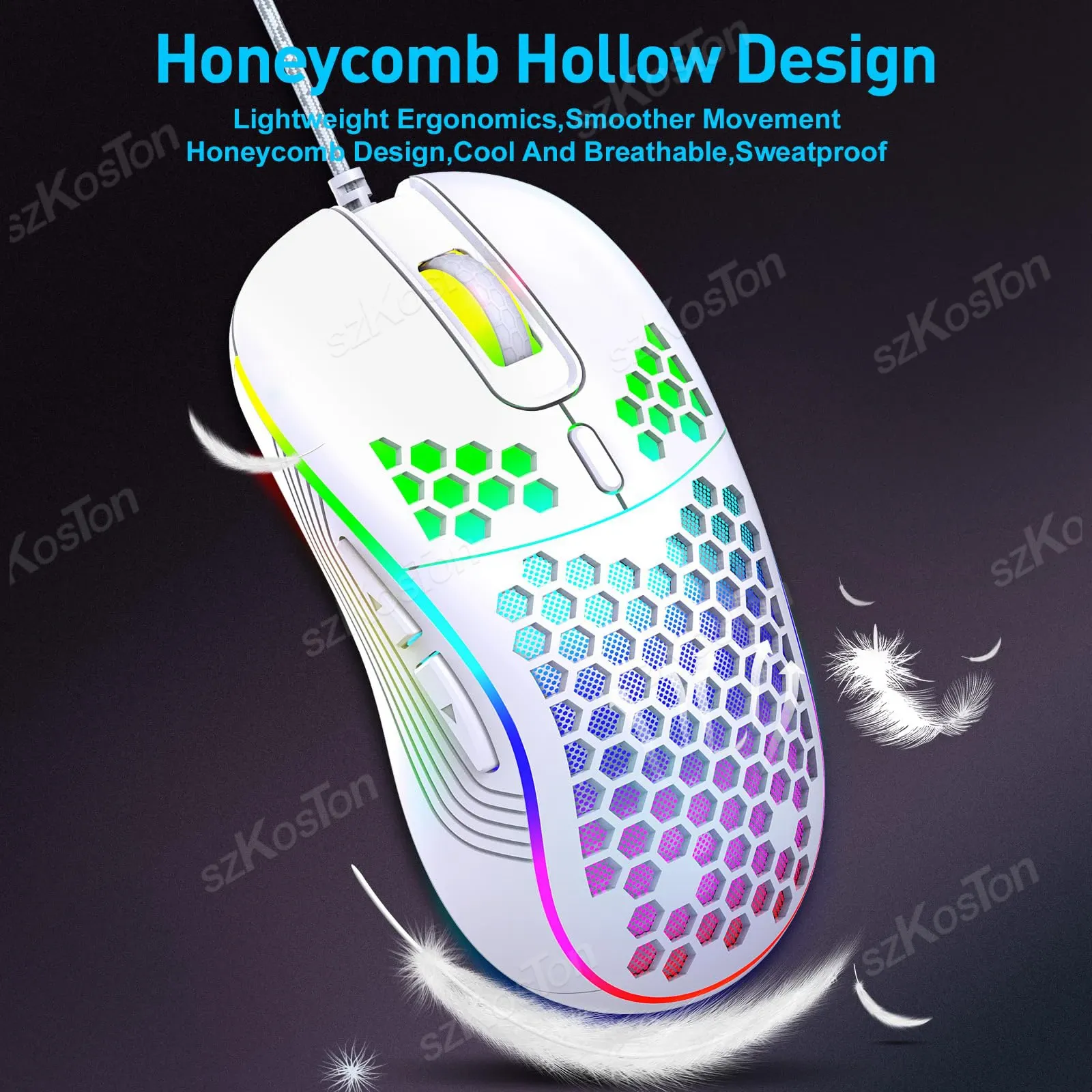 Souris de jeu filaire Honeycomb RGB, 7200 DPI réglables, ergonomique, USB, compatible PC Windows 2