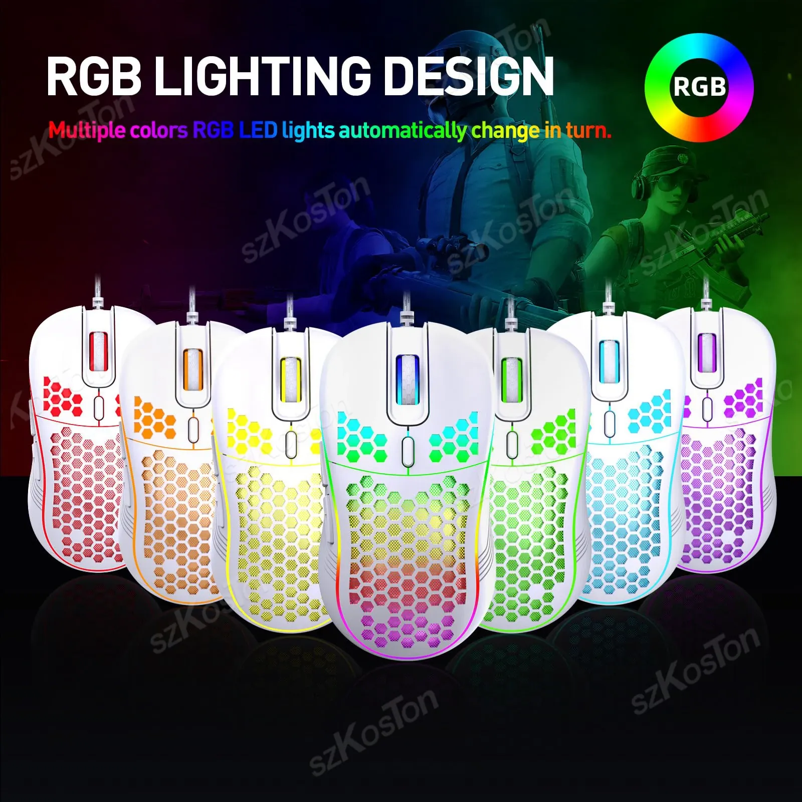 Souris de jeu filaire Honeycomb RGB, 7200 DPI réglables, ergonomique, USB, compatible PC Windows 3