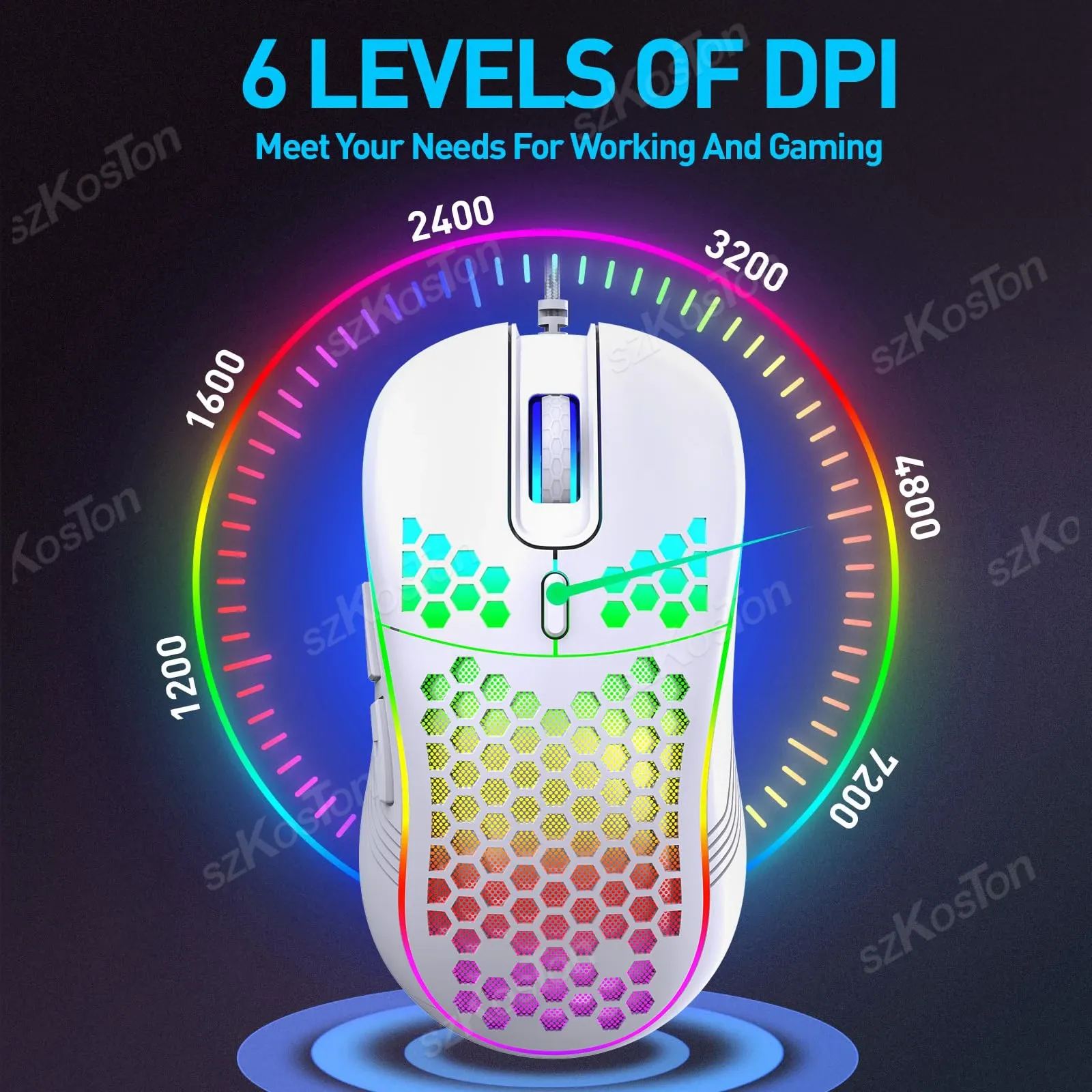 Souris de jeu filaire Honeycomb RGB, 7200 DPI réglables, ergonomique, USB, compatible PC Windows 4