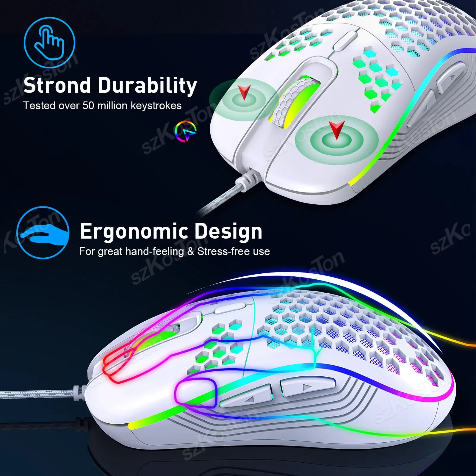 Souris de jeu filaire Honeycomb RGB, 7200 DPI réglables, ergonomique, USB, compatible PC Windows 5