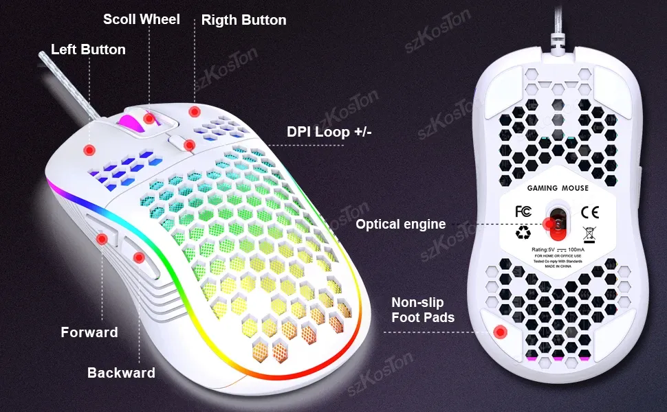 Souris de jeu Honeycomb, ergonomie et forme