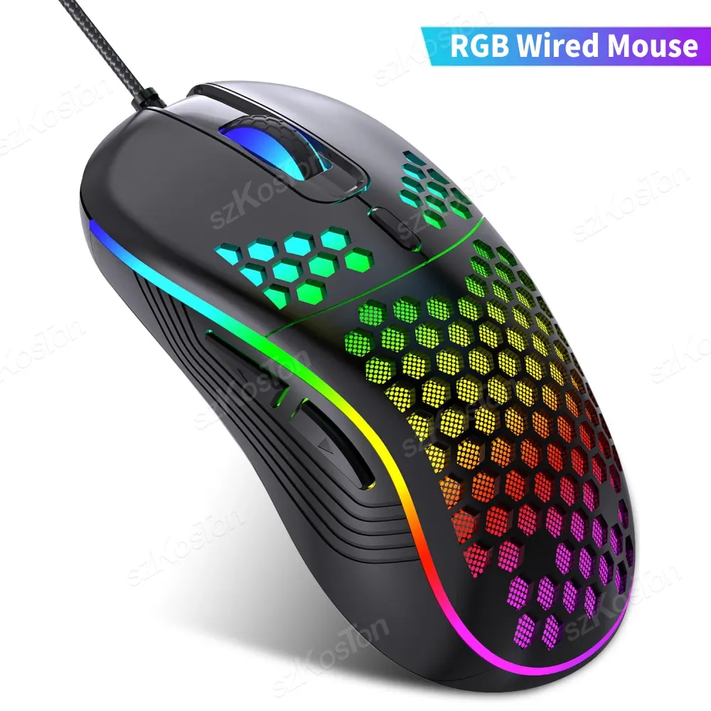 Souris de jeu filaire Honeycomb RGB, 7200 DPI réglables, ergonomique, USB, compatible PC Windows 11