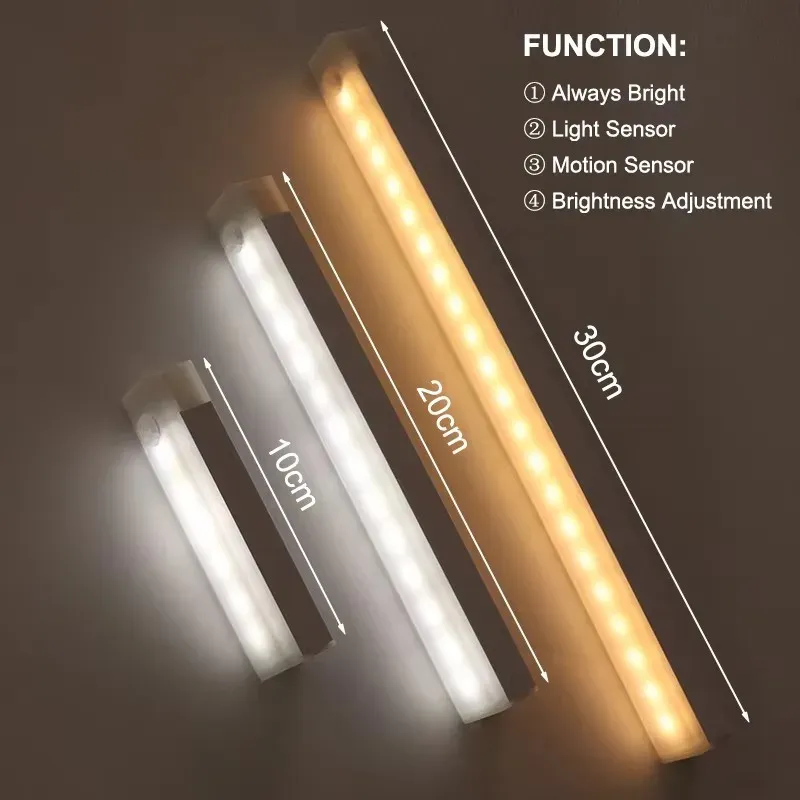 Barre lumineuse LED à détecteur de mouvement, veilleuse rechargeable par induction 5 V, lampe de placard portable sans fil magnétique pour cuisine et chevet 2