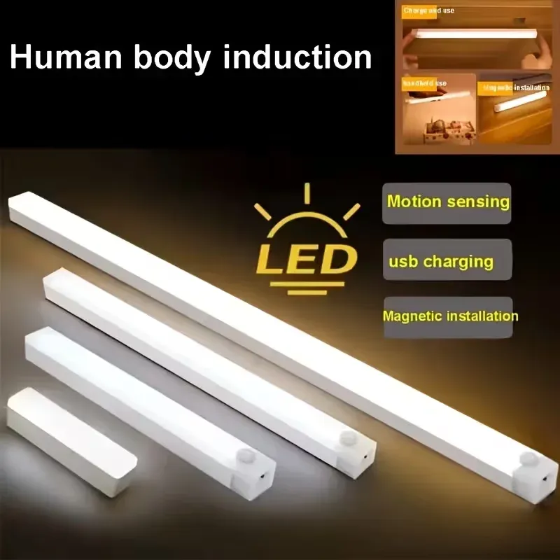 Barre lumineuse LED à détecteur de mouvement, veilleuse rechargeable par induction 5 V, lampe de placard portable sans fil magnétique pour cuisine et chevet 1