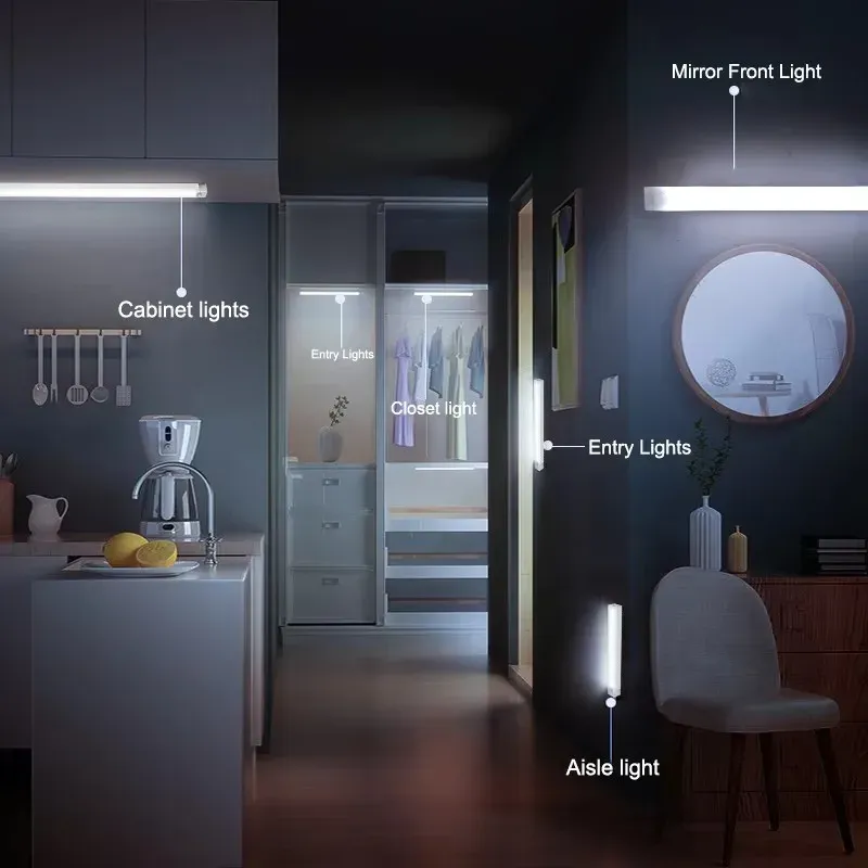 Barre lumineuse LED à détecteur de mouvement, veilleuse rechargeable par induction 5 V, lampe de placard portable sans fil magnétique pour cuisine et chevet 5