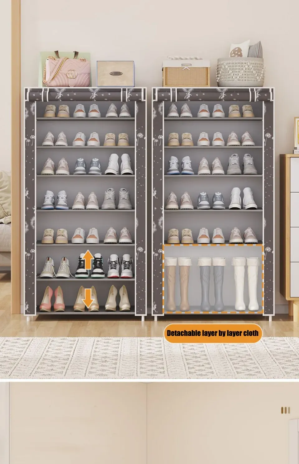 Organisateur de chaussures gris argenté, ambiance cosy