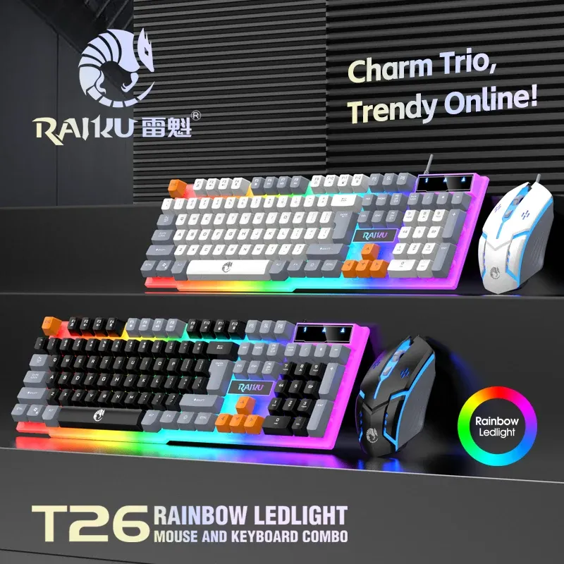 Ensemble clavier et souris de jeu RAIKU T26 avec clavier mécanique lumineux à trois tons
