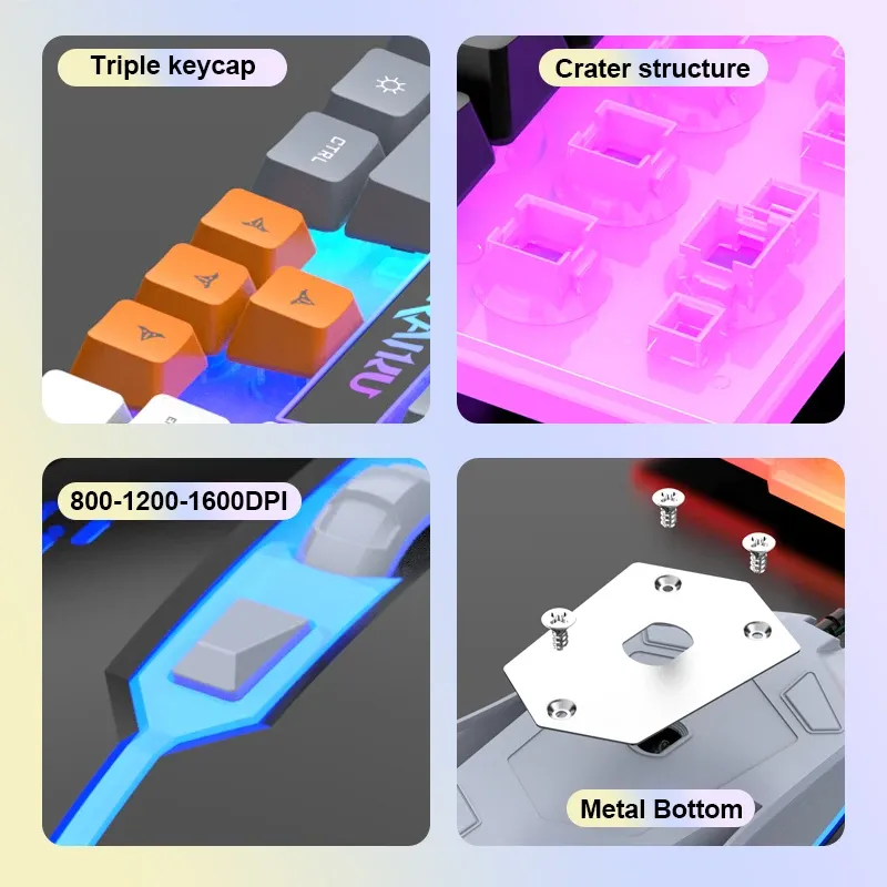 Ensemble clavier et souris de jeu RAIKU T26 avec clavier mécanique lumineux à trois tons 4