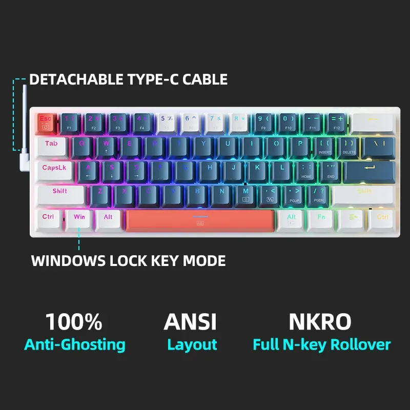 Clavier mécanique filaire Machenike K500-B61 format 60 %, 61 touches, switches interchangeables à chaud, rétroéclairage RVB 5