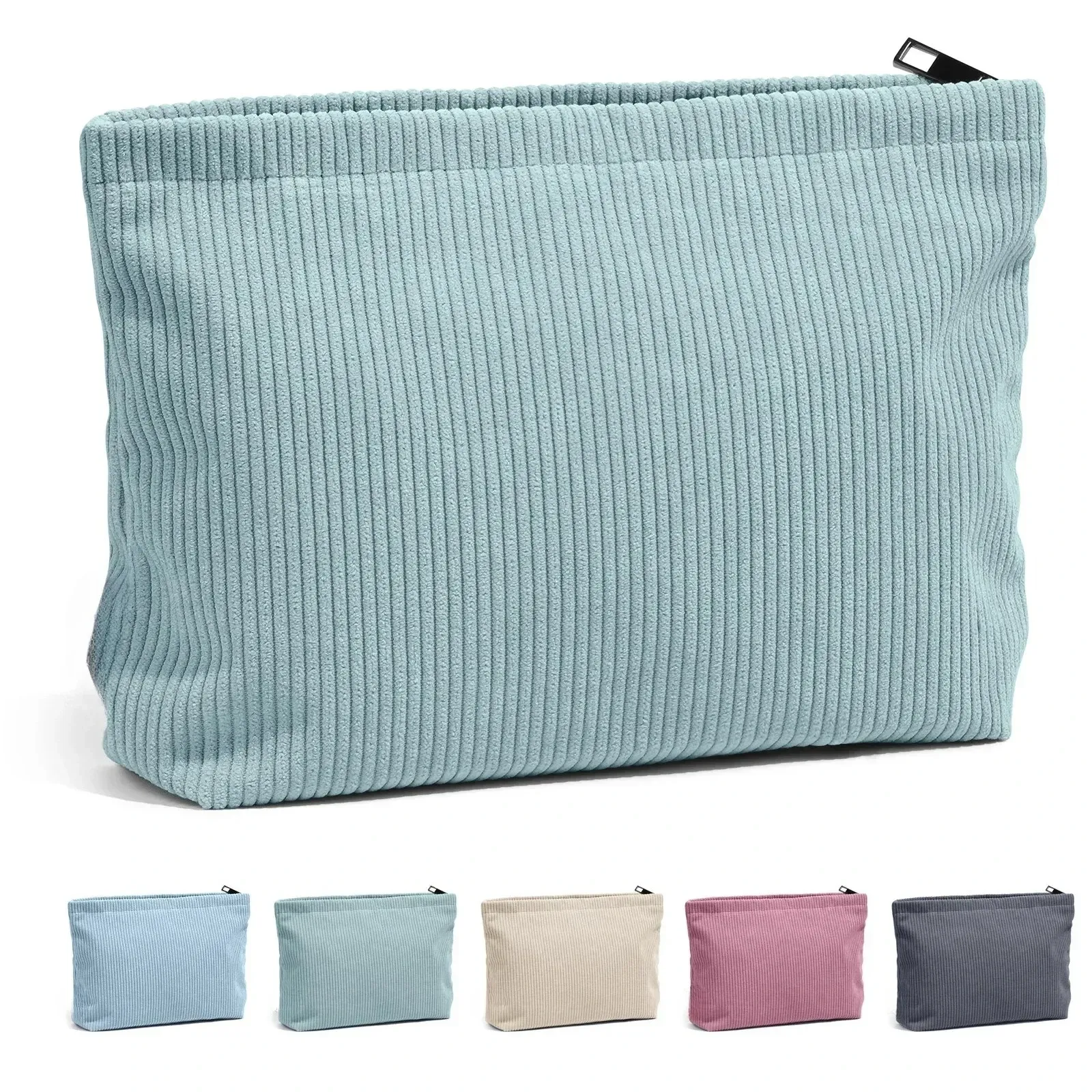 Trousse de maquillage de voyage en velours côtelé à grande capacité et fermeture éclair