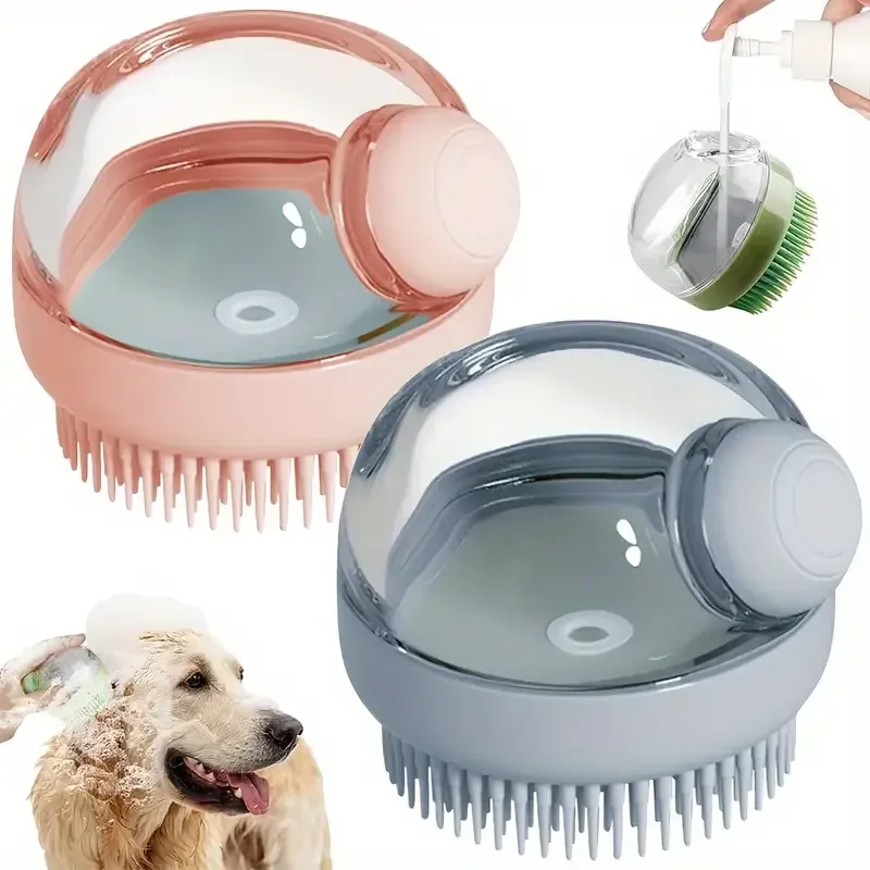 Brosse de bain pour chien avec distributeur de savon intégré
