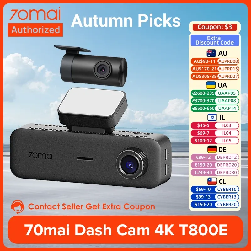 Caméra embarquée 70mai 3 canaux T800E 4K HDR avec supercondensateur, enregistreur de conduite, surveillance de stationnement 24h/24, Wi-Fi, commande vocale, alerte de fatigue au volant
