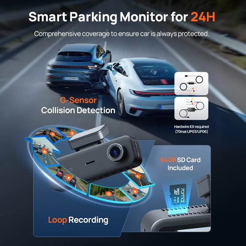 Caméra embarquée 70mai 3 canaux T800E 4K HDR avec supercondensateur, enregistreur de conduite, surveillance de stationnement 24h/24, Wi-Fi, commande vocale, alerte de fatigue au volant 5