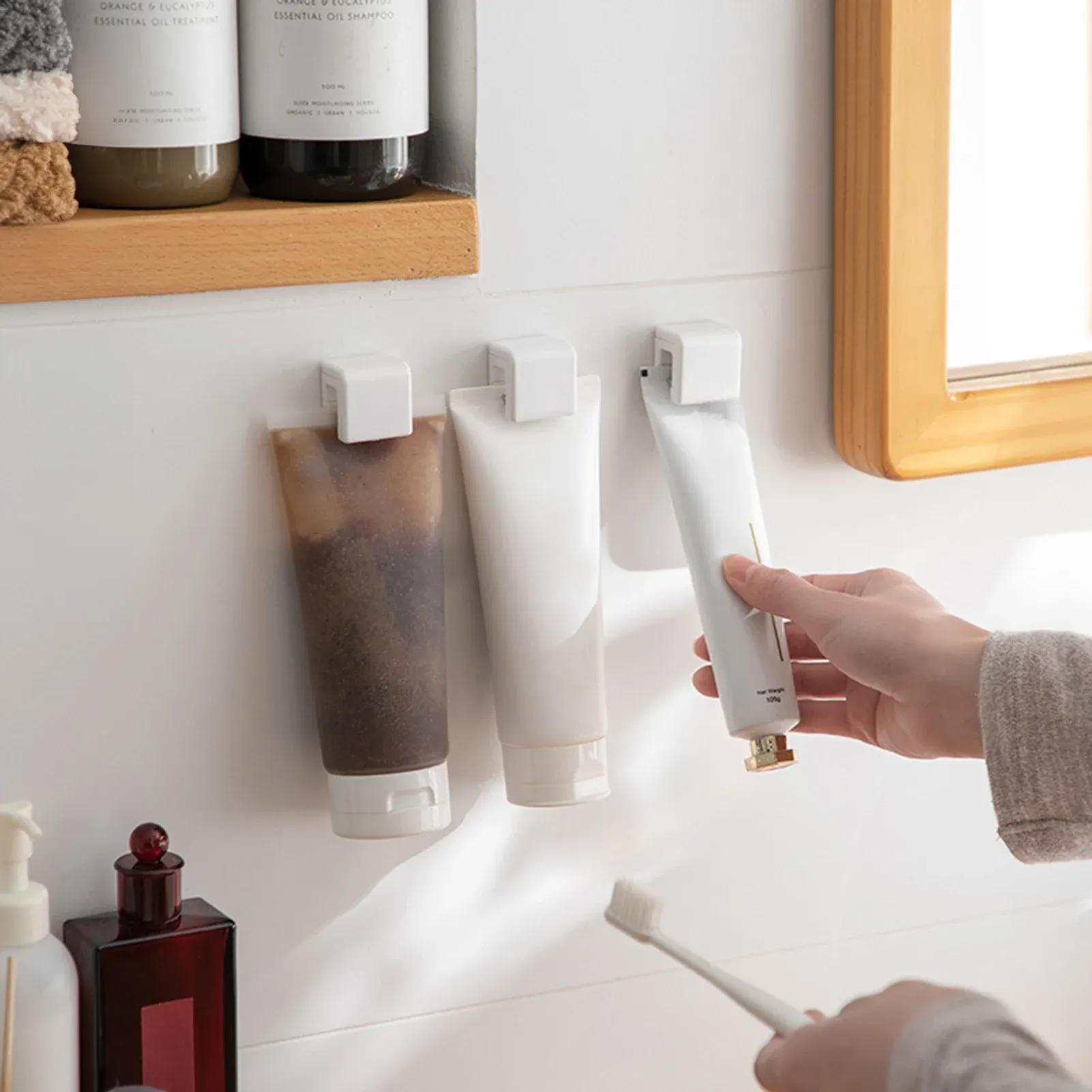 Porte-dentifrice mural sans perçage, étagère de douche suspendue pour brosses à dents et articles de toilette 2