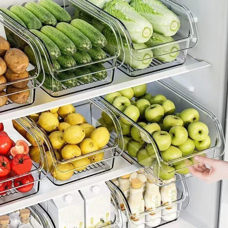 Boîtes organisatrices transparentes pour réfrigérateur en plastique, rangement pour œufs, légumes et fruits 2