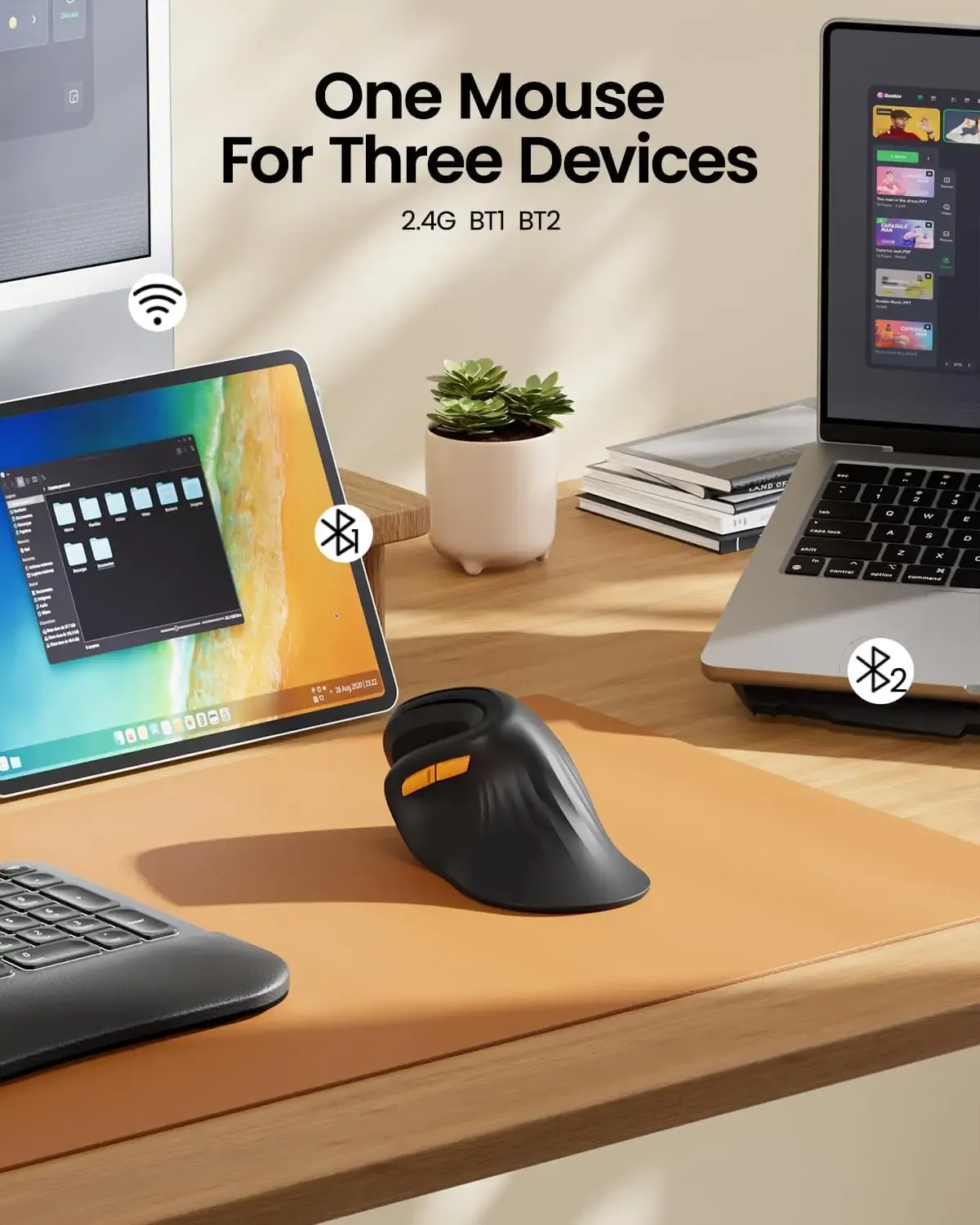 Souris verticale ergonomique sans fil compatible Mac, Windows, iPad et ordinateur, 3 connexions multi-appareils, DPI réglable 6
