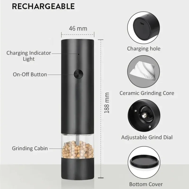 Moulin électrique automatique à poivre et sel rechargeable USB avec éclairage LED et mouture réglable 6