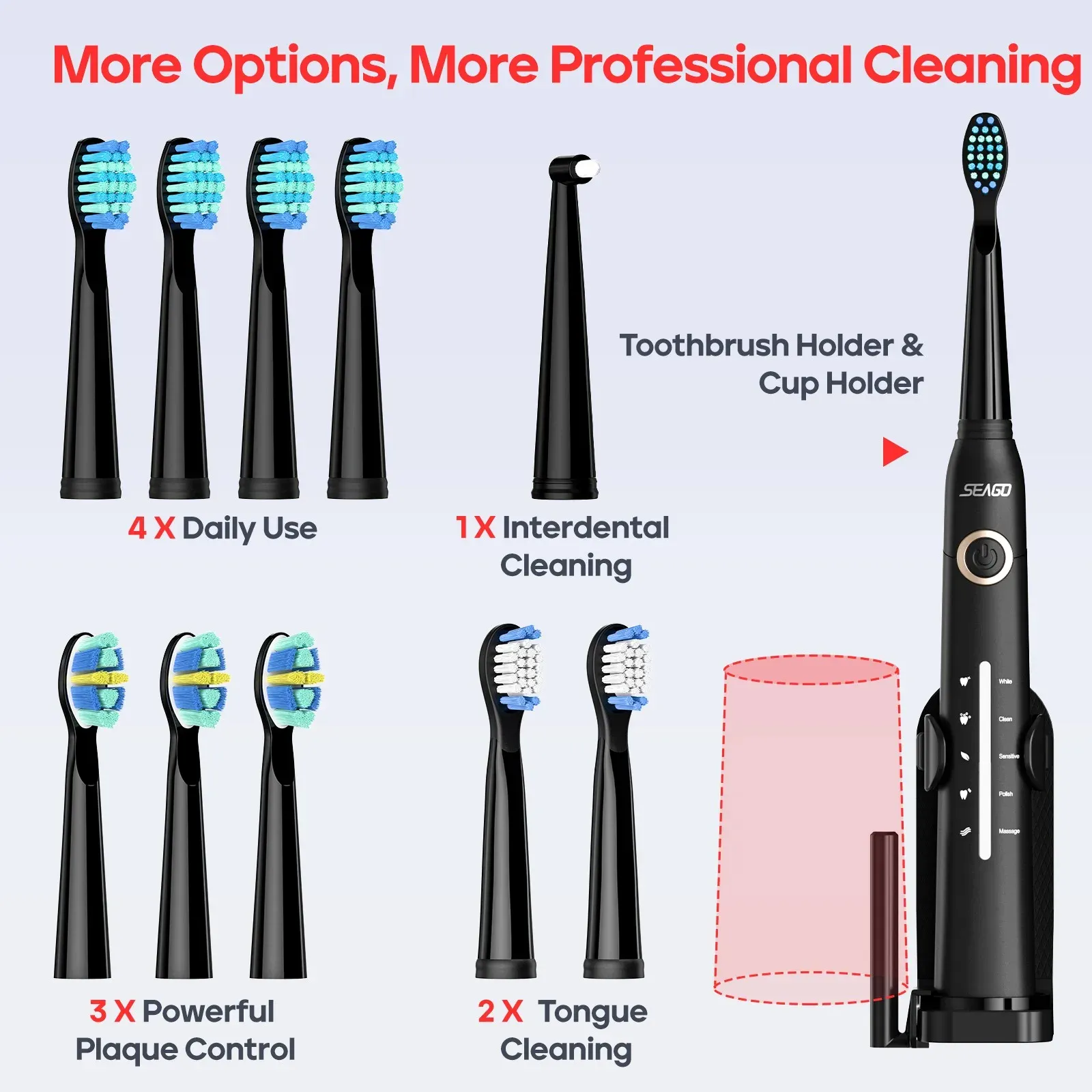 Seago – Brosse à dents électrique rechargeable par USB pour adultes, nettoyage ultrasonique, avec 10 têtes de rechange 2
