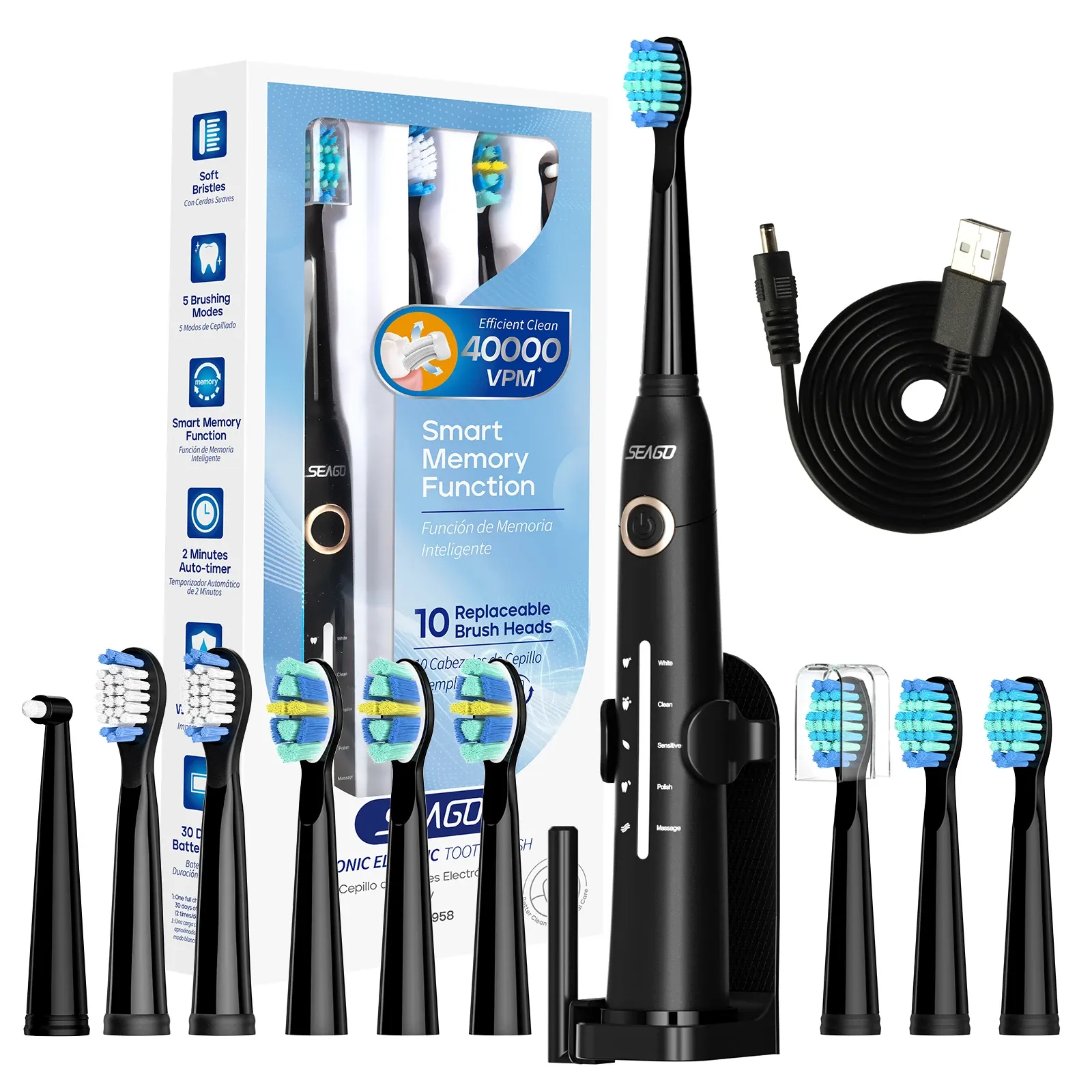 Seago – Brosse à dents électrique rechargeable par USB pour adultes, nettoyage ultrasonique, avec 10 têtes de rechange - Image 1