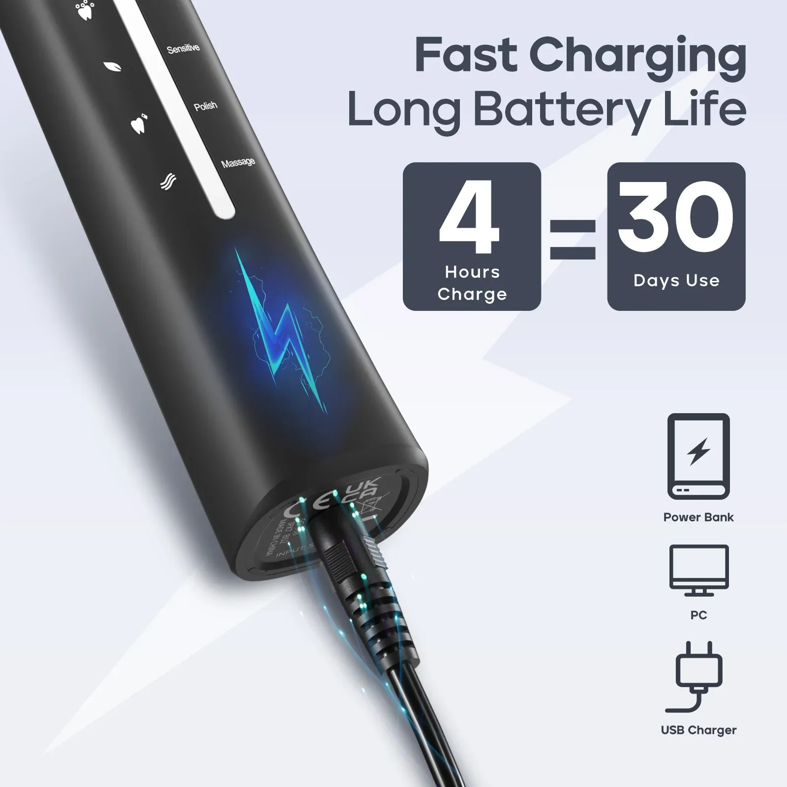 Seago – Brosse à dents électrique rechargeable par USB pour adultes, nettoyage ultrasonique, avec 10 têtes de rechange 4