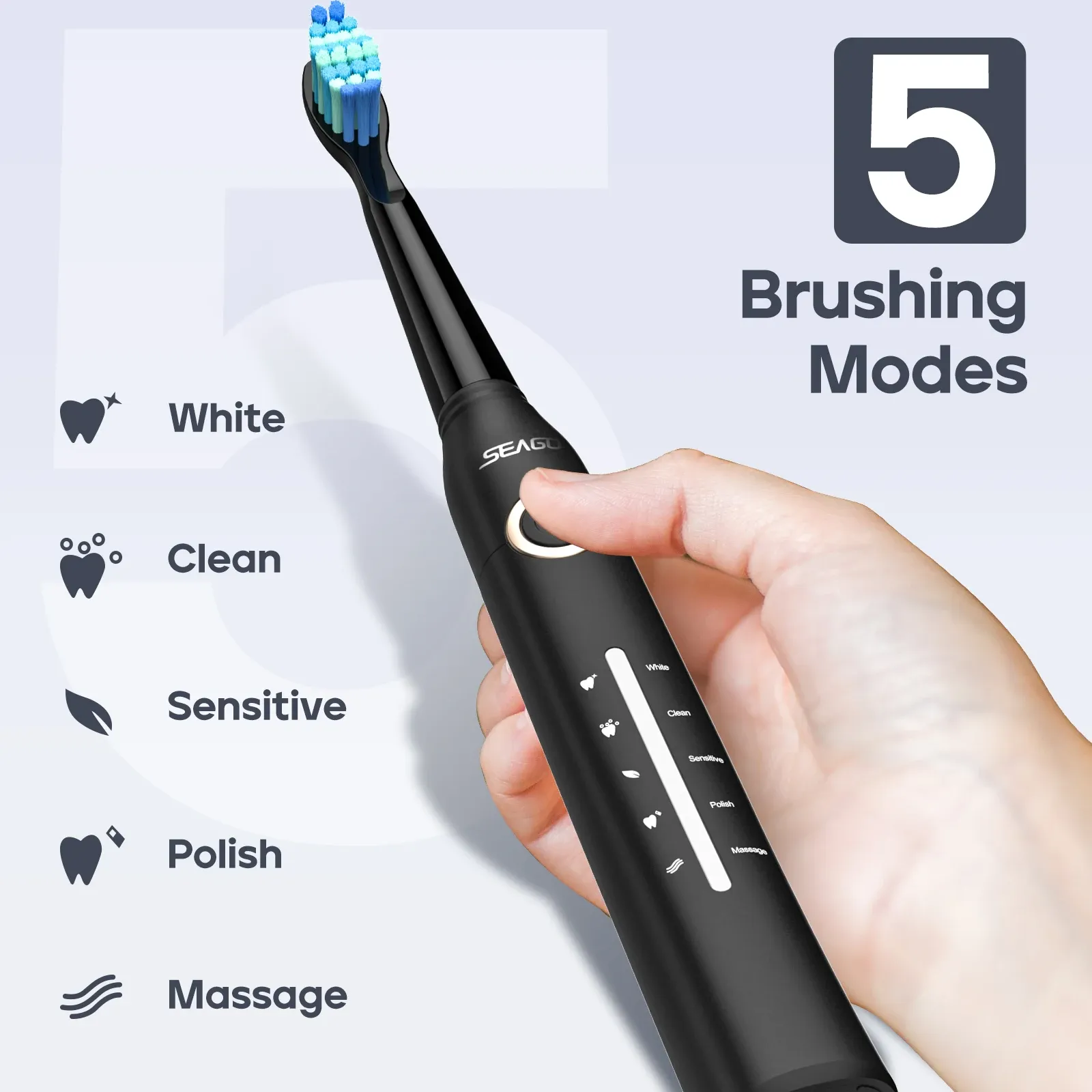 Seago – Brosse à dents électrique rechargeable par USB pour adultes, nettoyage ultrasonique, avec 10 têtes de rechange 5