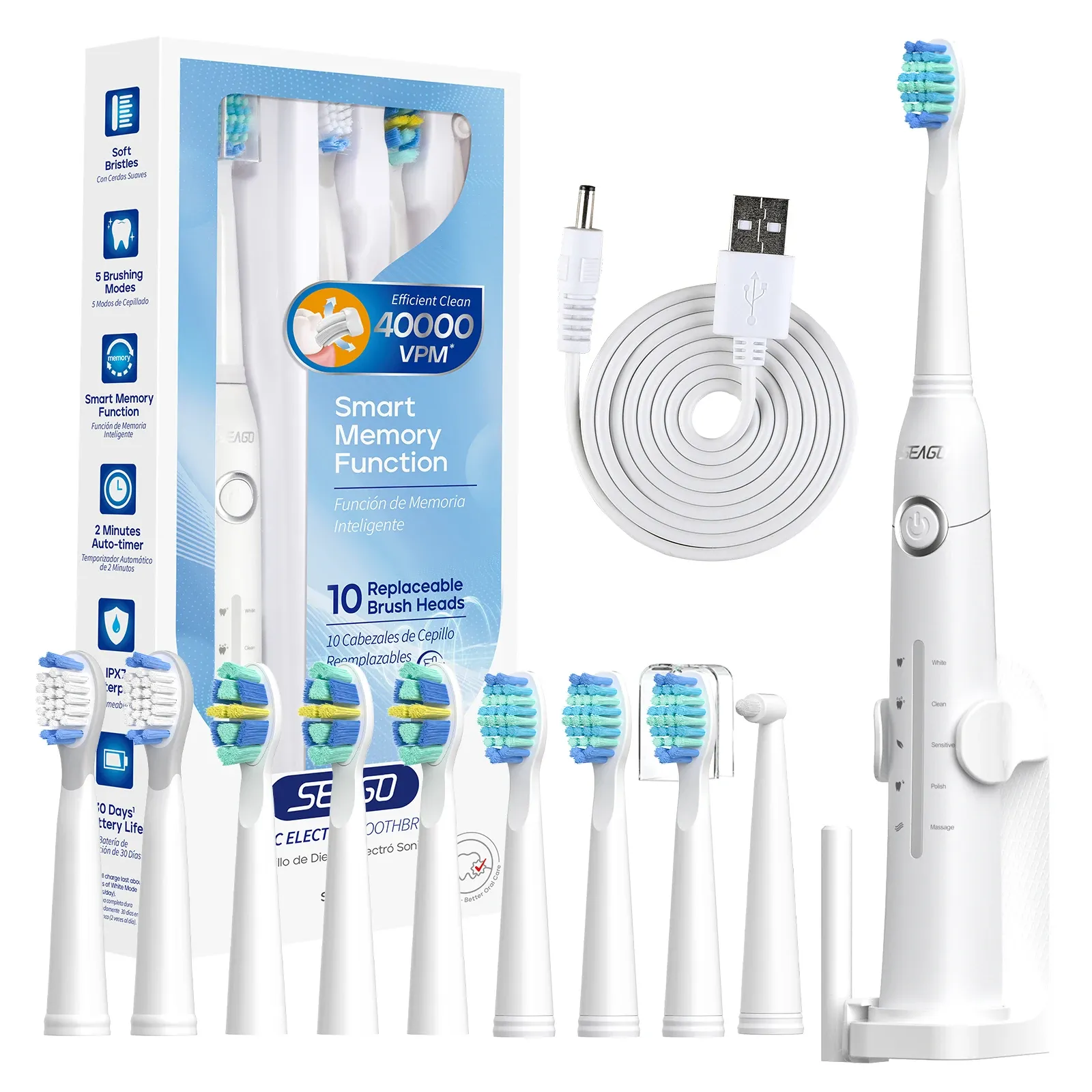 Seago – Brosse à dents électrique rechargeable par USB pour adultes, nettoyage ultrasonique, avec 10 têtes de rechange 8