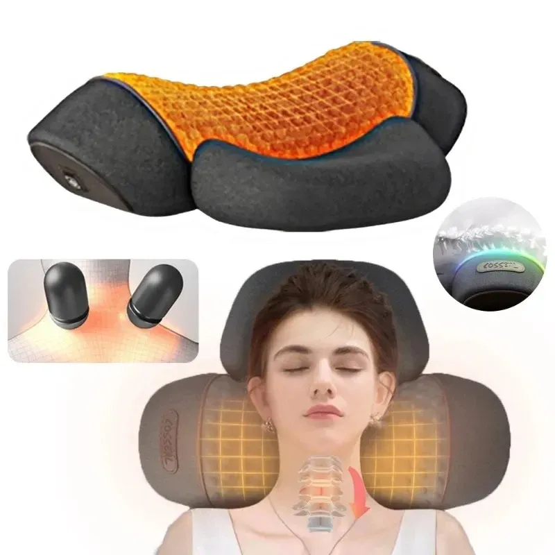 Masseur électrique pour cou, oreiller cervical avec compresse chaude, extensible, chauffant, à vibrations, oreiller de massage pour le cou et les épaules, traction du dos 2