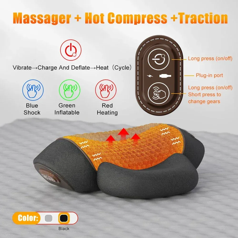 Masseur électrique pour cou, oreiller cervical avec compresse chaude, extensible, chauffant, à vibrations, oreiller de massage pour le cou et les épaules, traction du dos 8