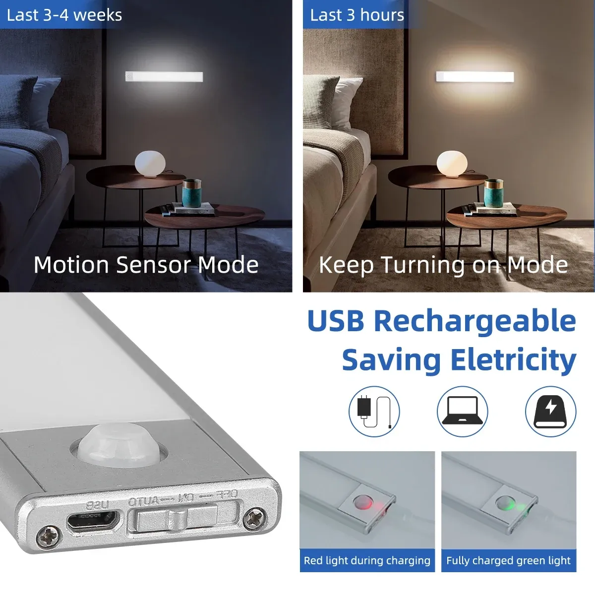 Veilleuse LED rechargeable USB sans fil avec détecteur de mouvement pour armoire, lumière réglable en 3 couleurs 6