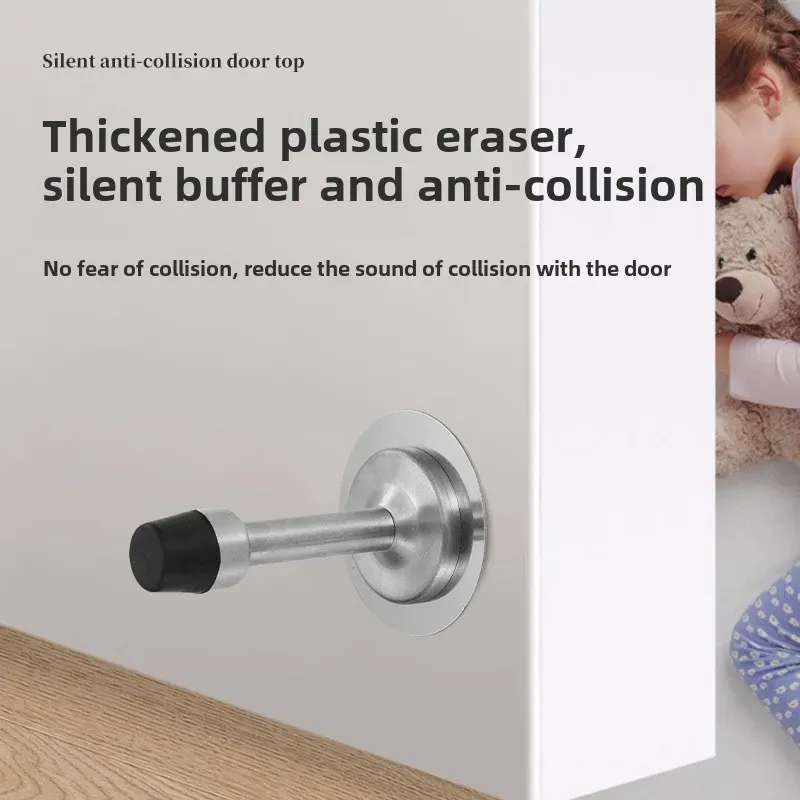 Butée de porte en acier inoxydable, butée murale avec support et arrêt en caoutchouc, fixation au sol avec vis pour chambre 2