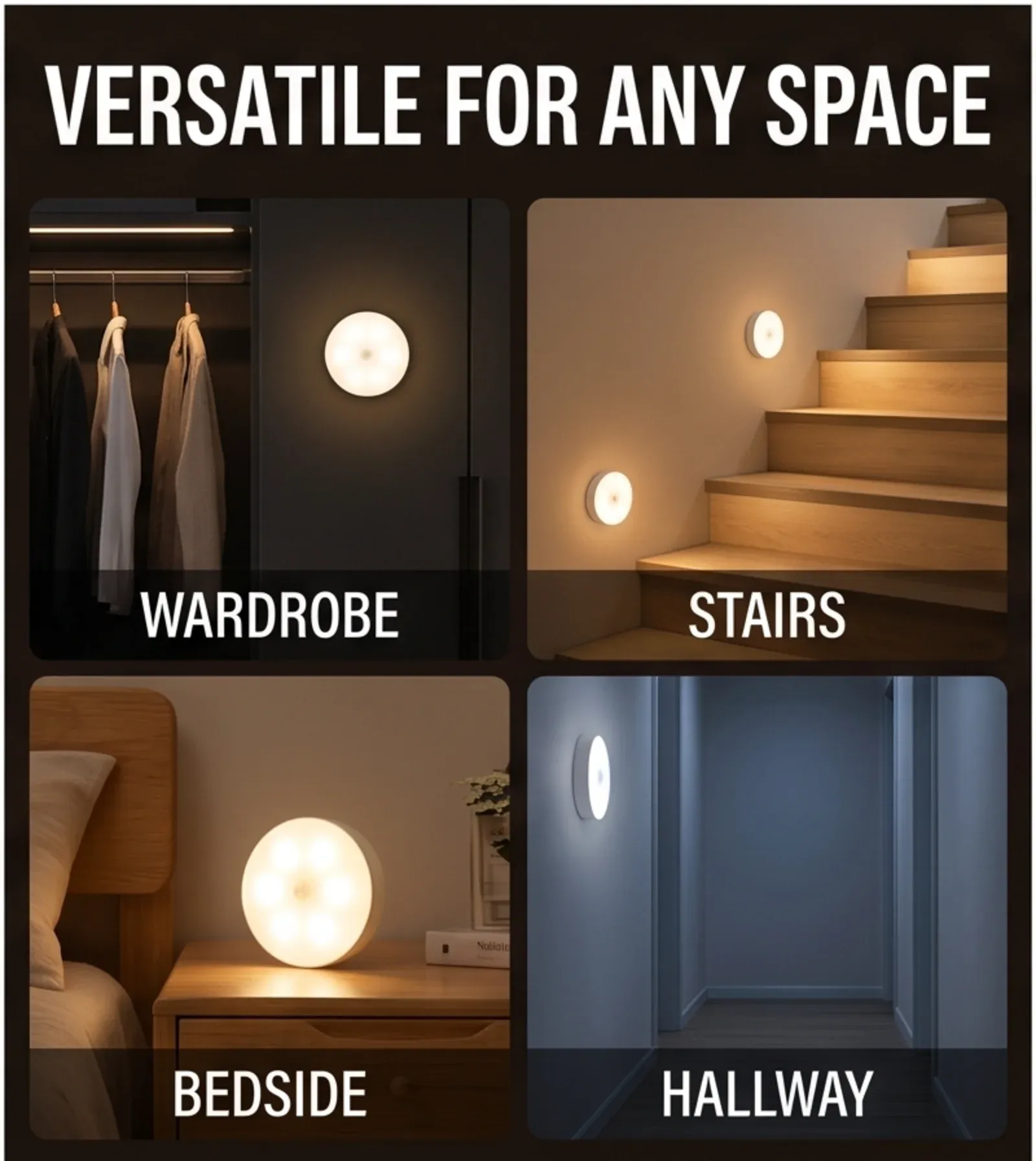 Veilleuse LED sans fil rechargeable par USB avec détecteur de mouvement, lumière chaleureuse pour placards et escaliers 2