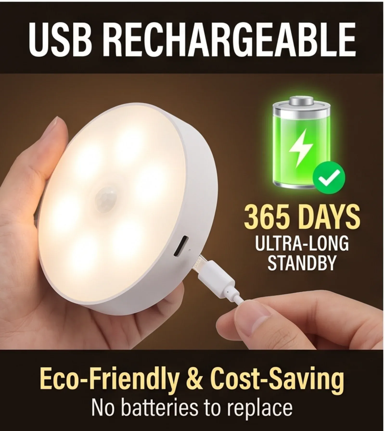Veilleuse LED sans fil rechargeable par USB avec détecteur de mouvement, lumière chaleureuse pour placards et escaliers 4
