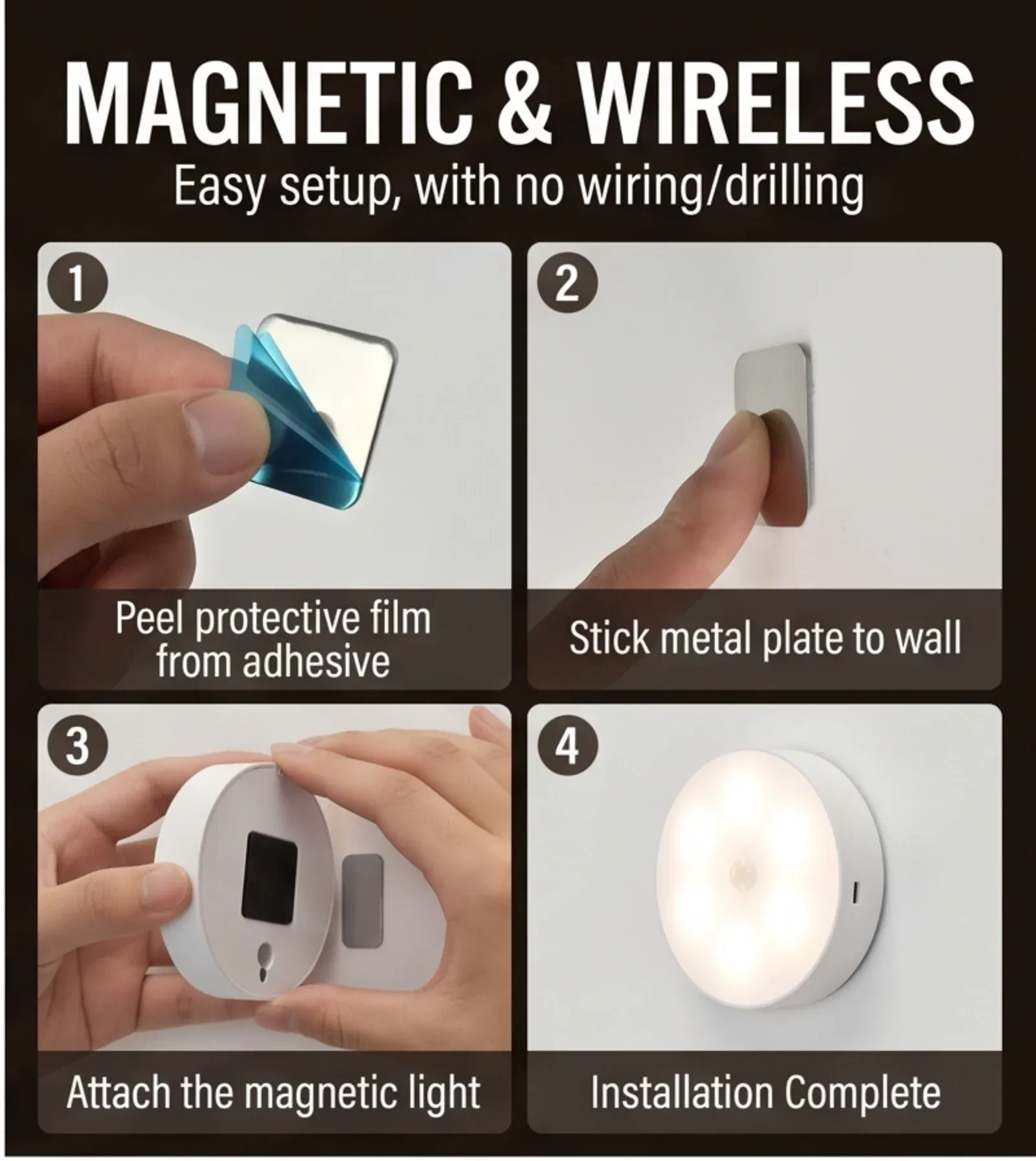 Veilleuse LED sans fil rechargeable par USB avec détecteur de mouvement, lumière chaleureuse pour placards et escaliers 5