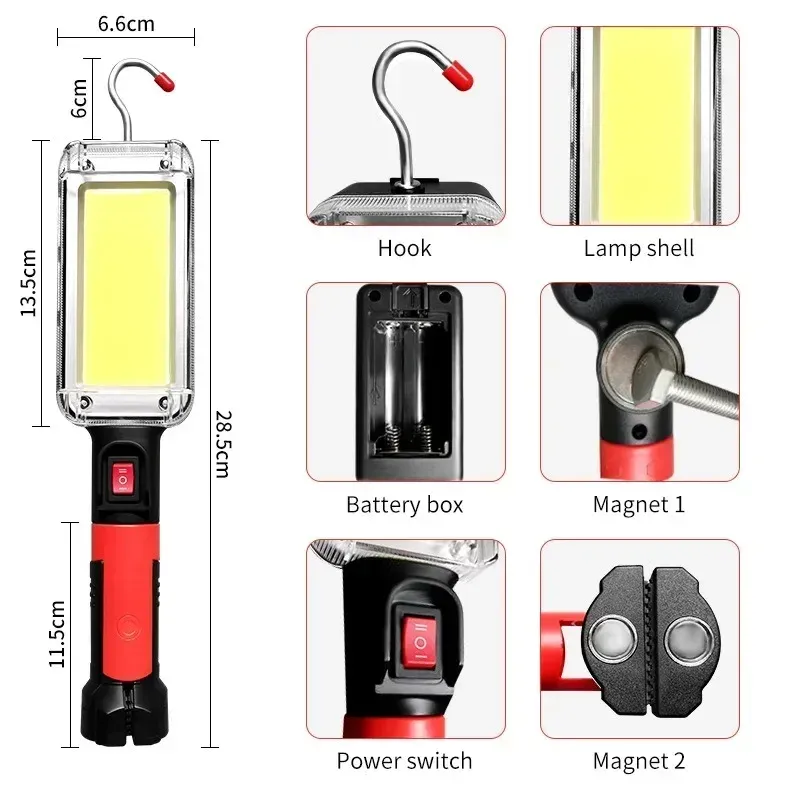 Lampe de travail COB LED rechargeable et portable, lampe de camping avec crochet et aimant, réglable haute/basse intensité, lampe de secours et de travail 2