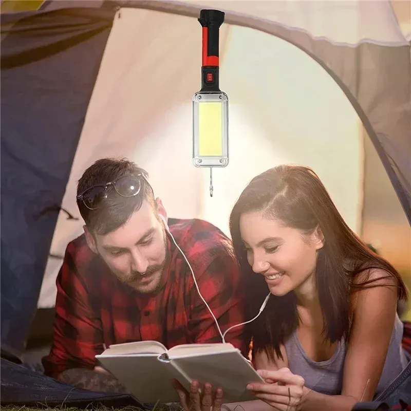 Lampe de travail COB LED rechargeable et portable, lampe de camping avec crochet et aimant, réglable haute/basse intensité, lampe de secours et de travail 4