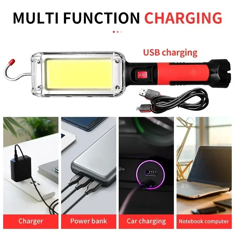 Lampe de travail COB LED rechargeable et portable, lampe de camping avec crochet et aimant, réglable haute/basse intensité, lampe de secours et de travail 5
