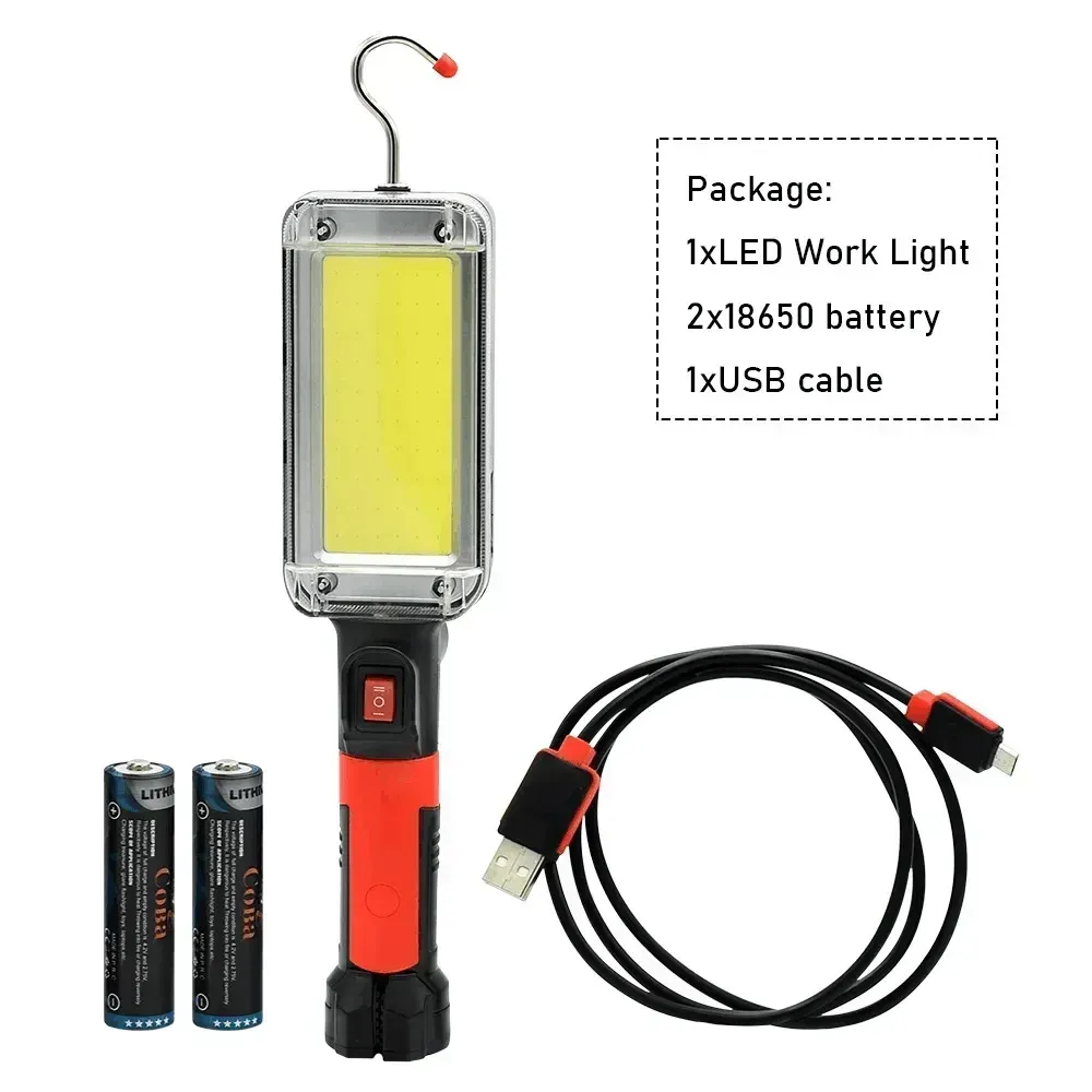 Lampe de travail COB LED rechargeable et portable, lampe de camping avec crochet et aimant, réglable haute/basse intensité, lampe de secours et de travail 8