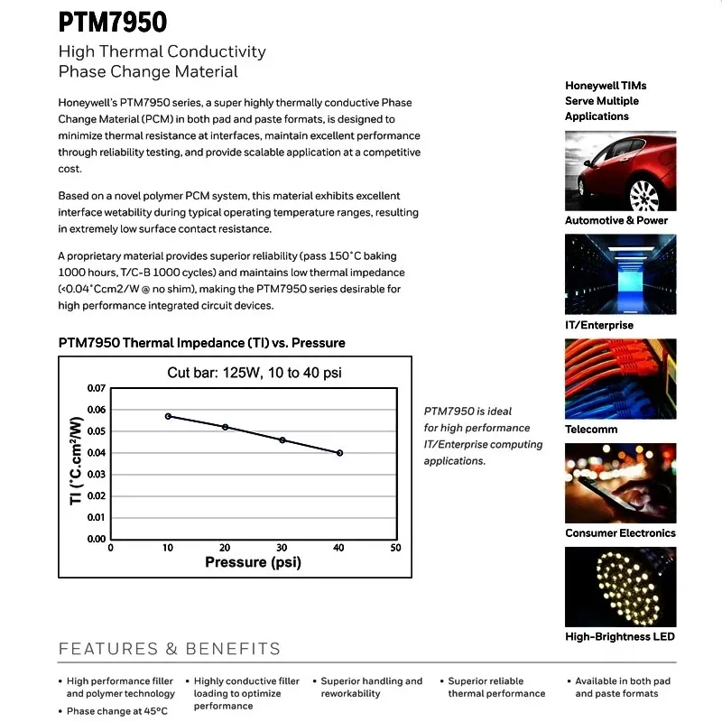 Pâte thermique à changement de phase Honeywell PTM7950 pour processeur et carte graphique, compatible ordinateur portable et refroidissement liquide, conductivité thermique 8,5 W/m·K 3