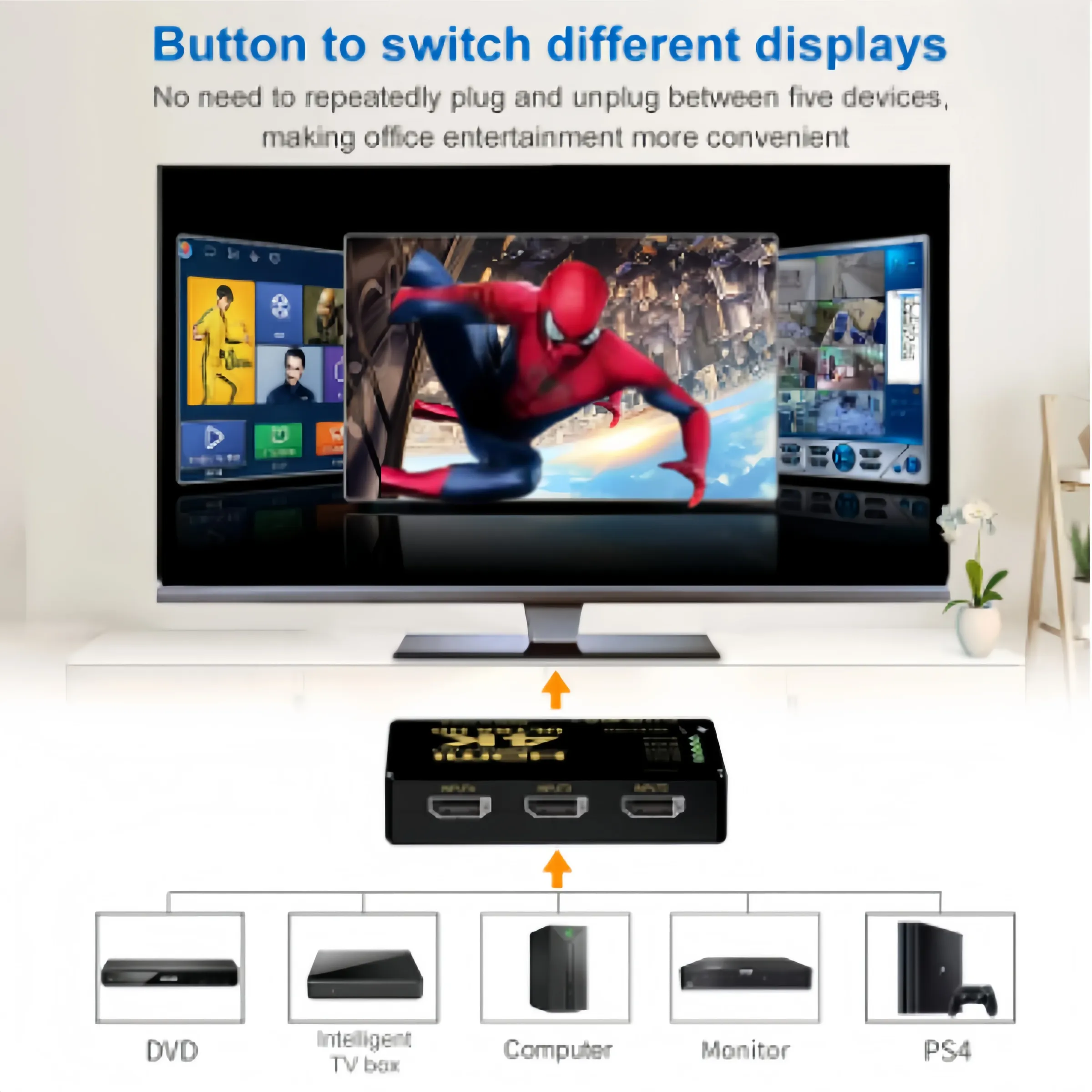Commutateur vidéo HDMI 5 entrées / 1 sortie avec télécommande IR, compatible 4K 3