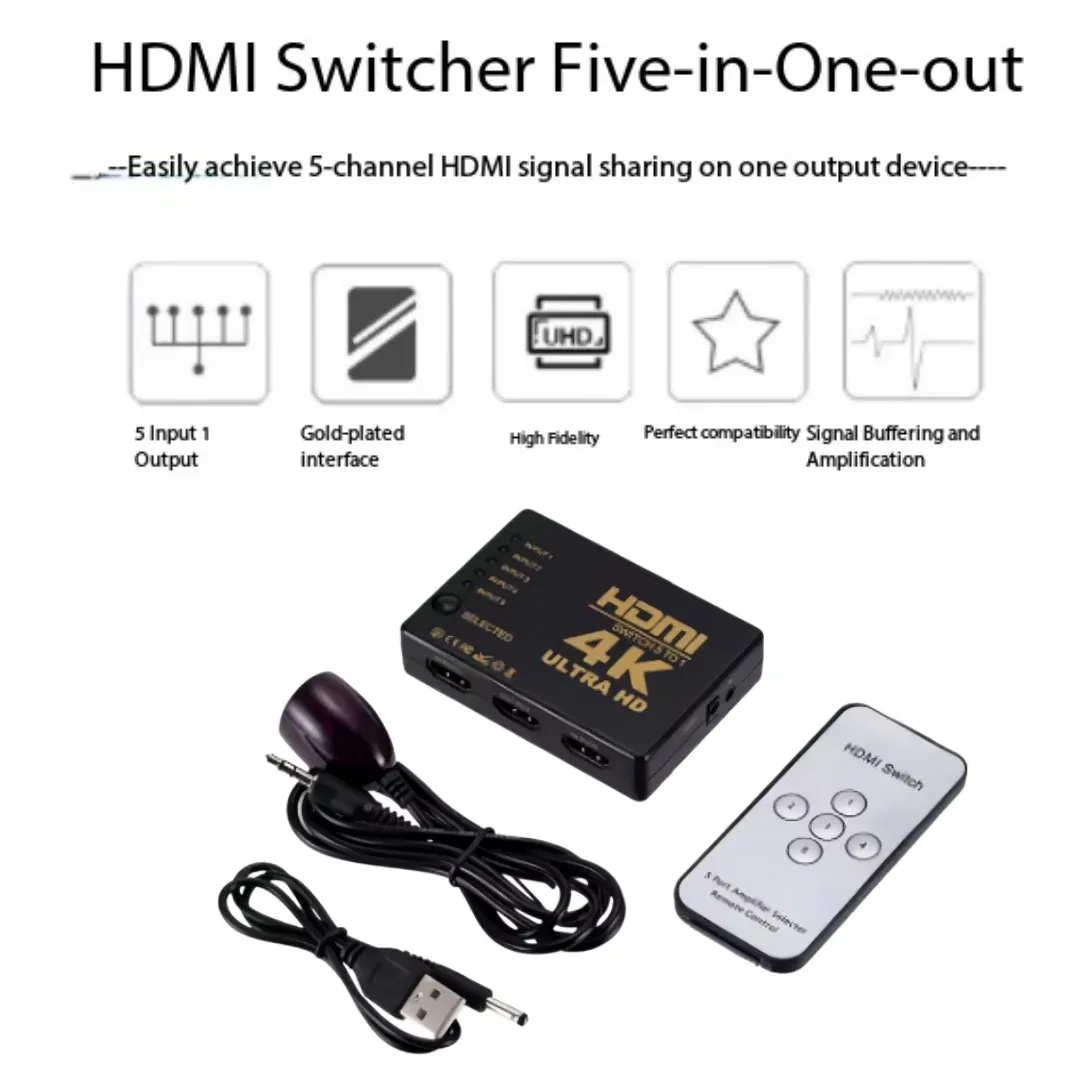Commutateur vidéo HDMI 5 entrées / 1 sortie avec télécommande IR, compatible 4K 6