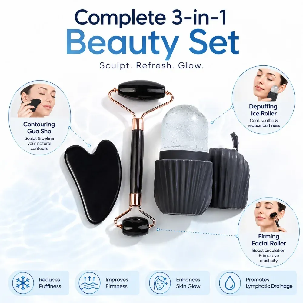 Kit de massage facial 3 pièces : rouleau de glace, gua sha et rouleau de massage 4