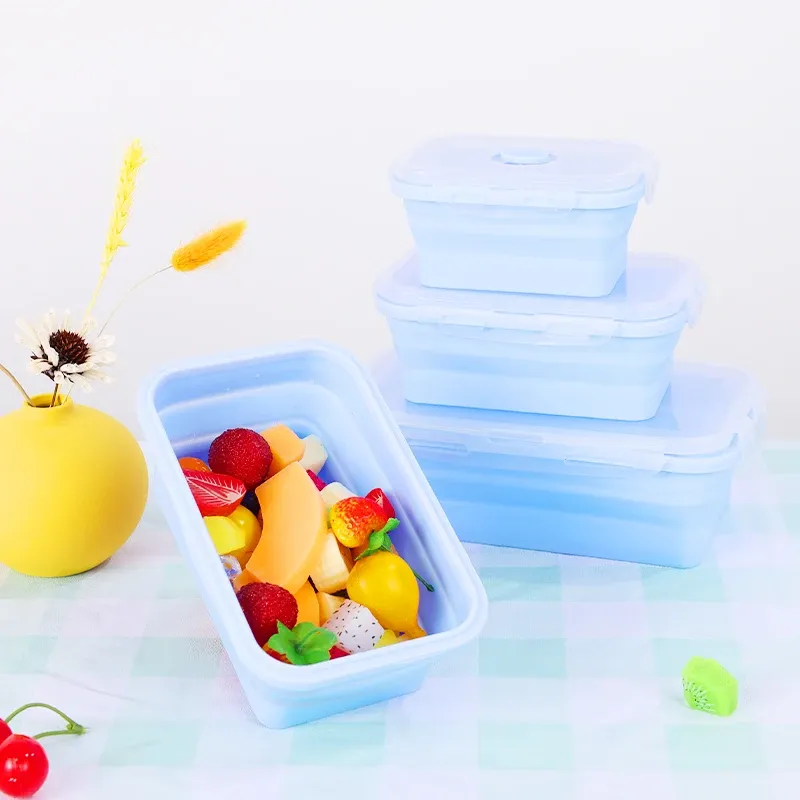 Boîte à déjeuner pliable en silicone, lot de 3 tailles, conteneur de stockage alimentaire coloré, compatible micro-ondes, portable, idéal pour pique-nique et camping, boîte rectangulaire d'extérieur 2