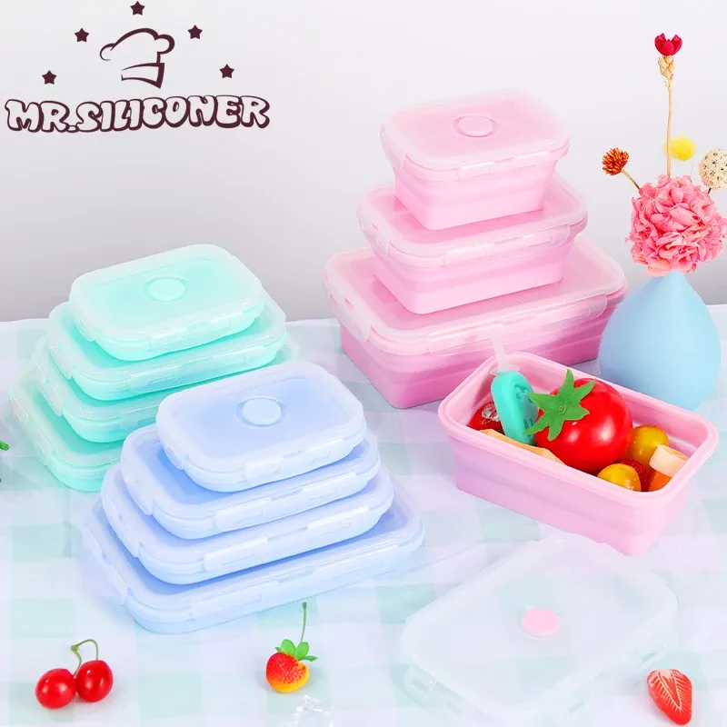 Boîte à déjeuner pliable en silicone, lot de 3 tailles, conteneur de stockage alimentaire coloré, compatible micro-ondes, portable, idéal pour pique-nique et camping, boîte rectangulaire d'extérieur - Image 1